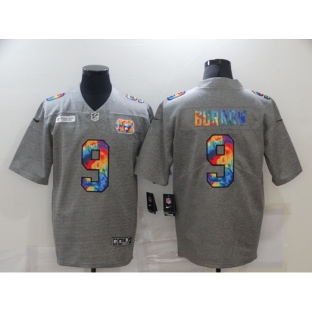 Men's Cincinnati Bengals #9 Joe Burrow Gray Rainbow Version Nike Limited Jersey